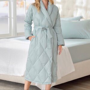 Cuddledown Women’s Duck Down Light Blue Quilted Puffer Robe Coat Size L